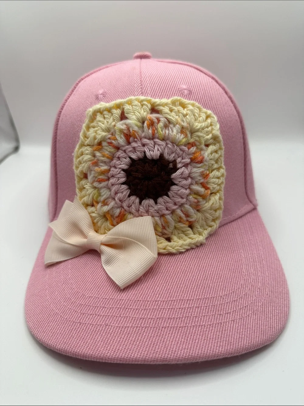 Handmade Pink Sunflower Crochet Baseball Cap Bow Coquette Granny Square Hat